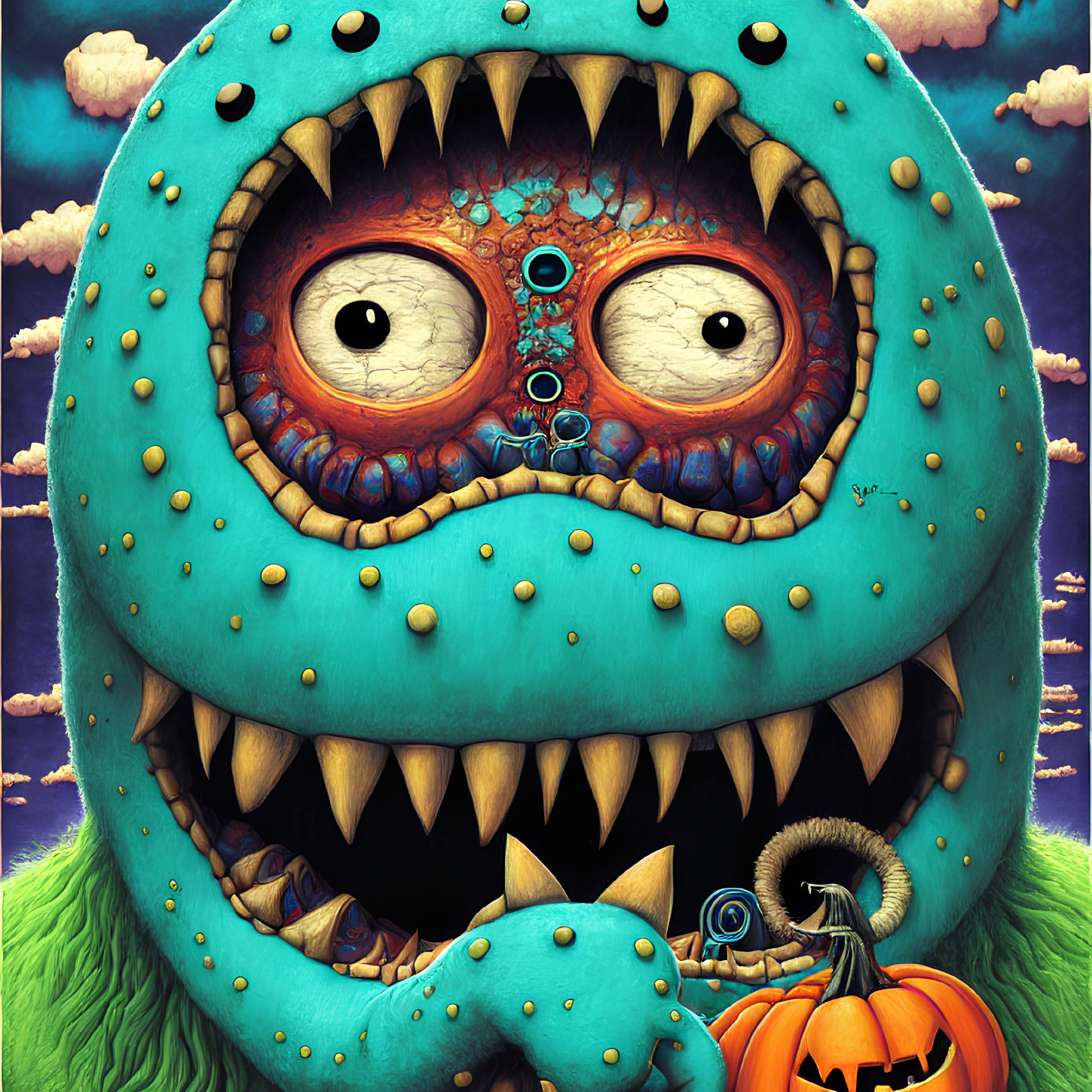 Colorful Cartoon Monster with Large Eyes and Sharp Teeth