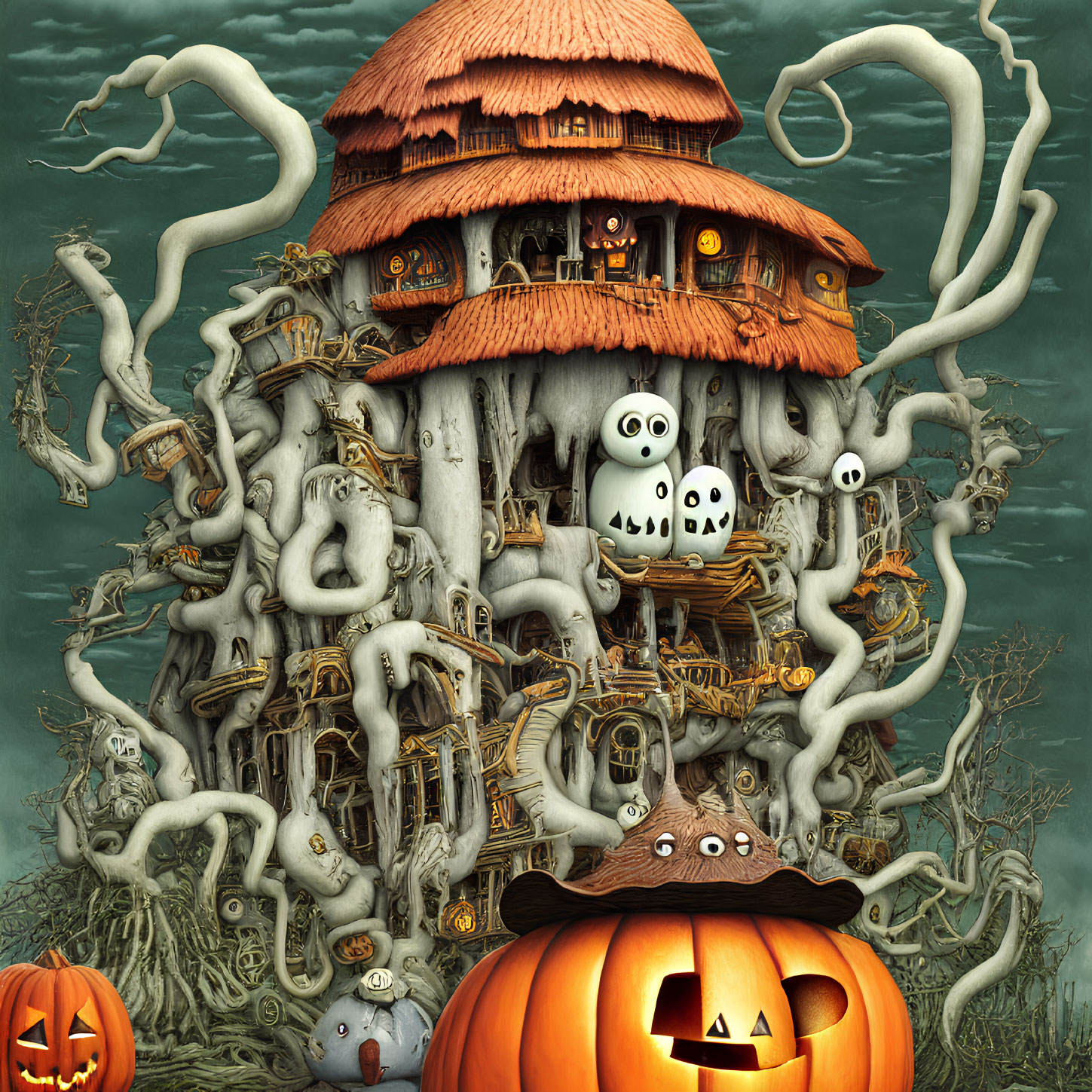 Fantasy treehouse with Halloween themes and intricate details