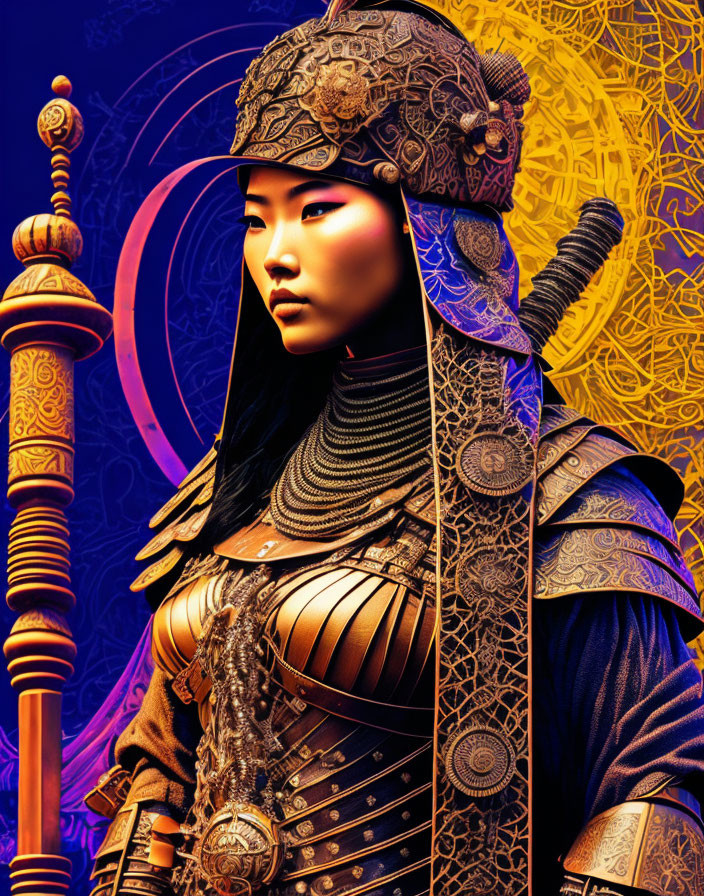 Digital artwork: Woman in ornate traditional armor on vibrant blue and gold background