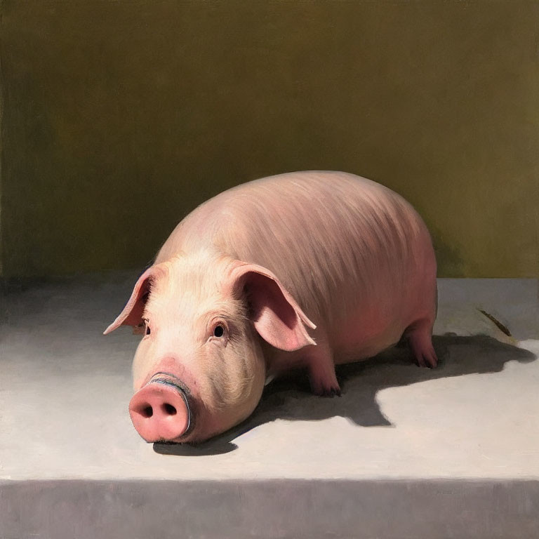 Realistic Pink Pig Painting on Gray Surface and Beige Background