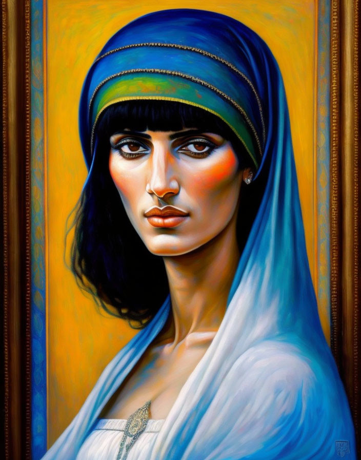 Dark-haired woman in blue headscarf with intense gaze on golden yellow backdrop