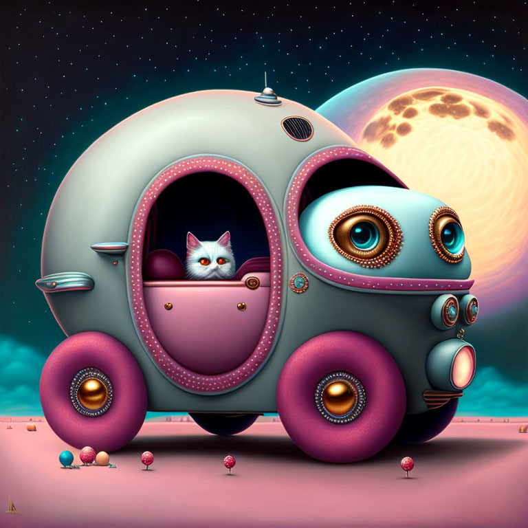 Futuristic spherical vehicle with white cat in night sky