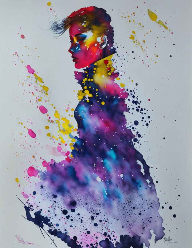 Colorful watercolor portrait in profile view with pink, yellow, and blue splashes.