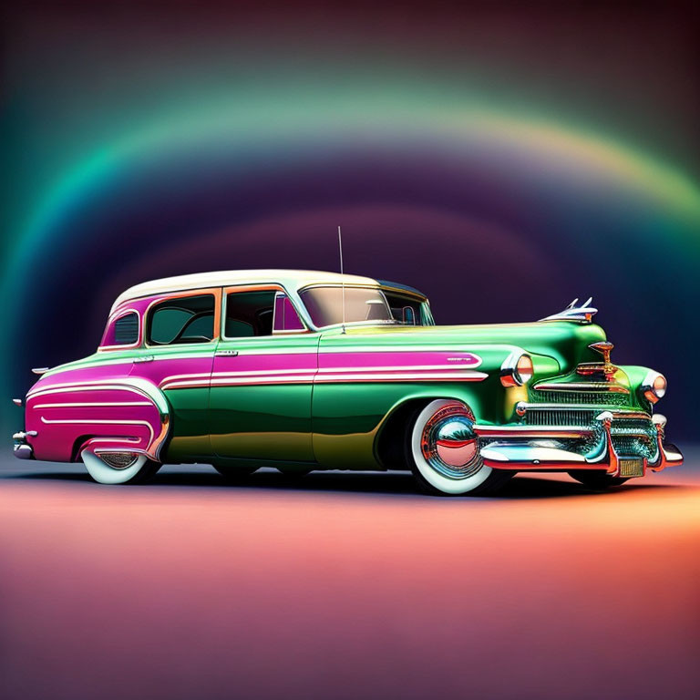 Vintage Car with Pink and Green Chrome Details on Neon Rainbow Arch Background