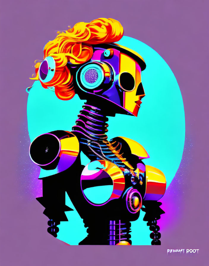 Colorful retro robot illustration with speaker head and moon backdrop