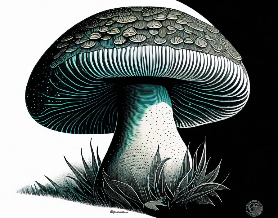 Detailed black and white mushroom illustration with intricate patterns on cap and stalk on dark background.