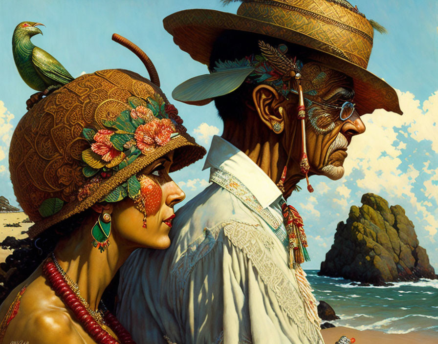 Elderly couple in sophisticated attire with elaborate hats by the sea