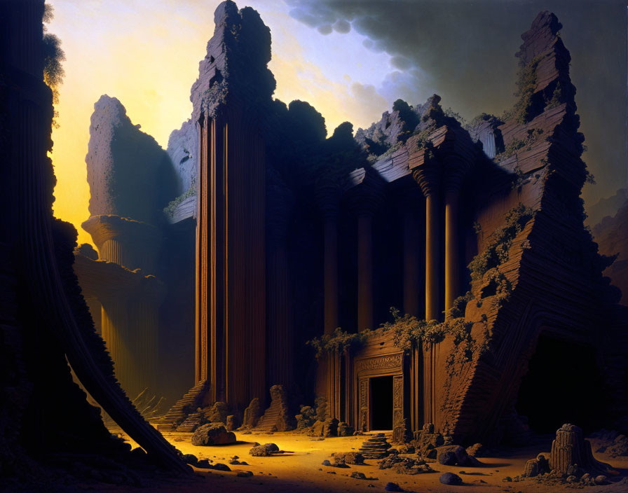 Ancient ruins with towering pillars in mystical forest at sunrise.