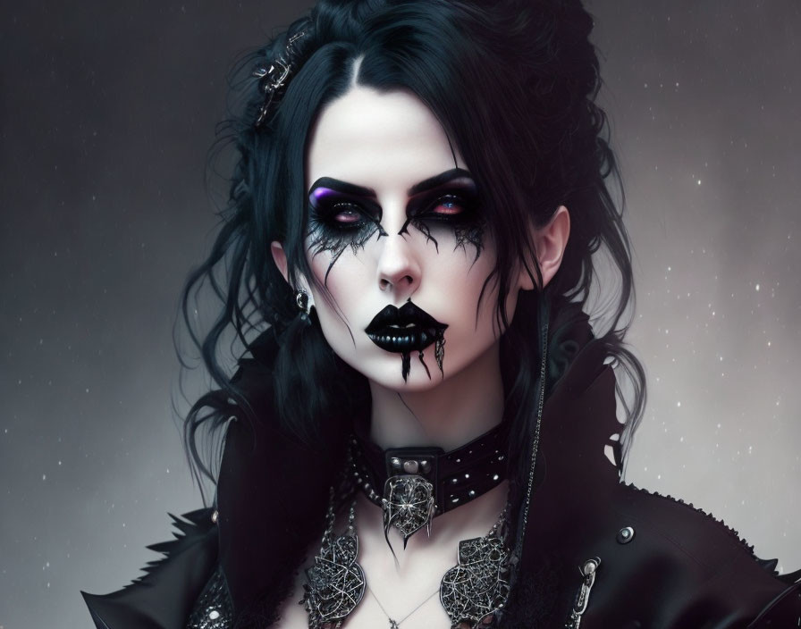 Gothic-themed portrait with black lipstick, dark makeup, piercings, and jewelry