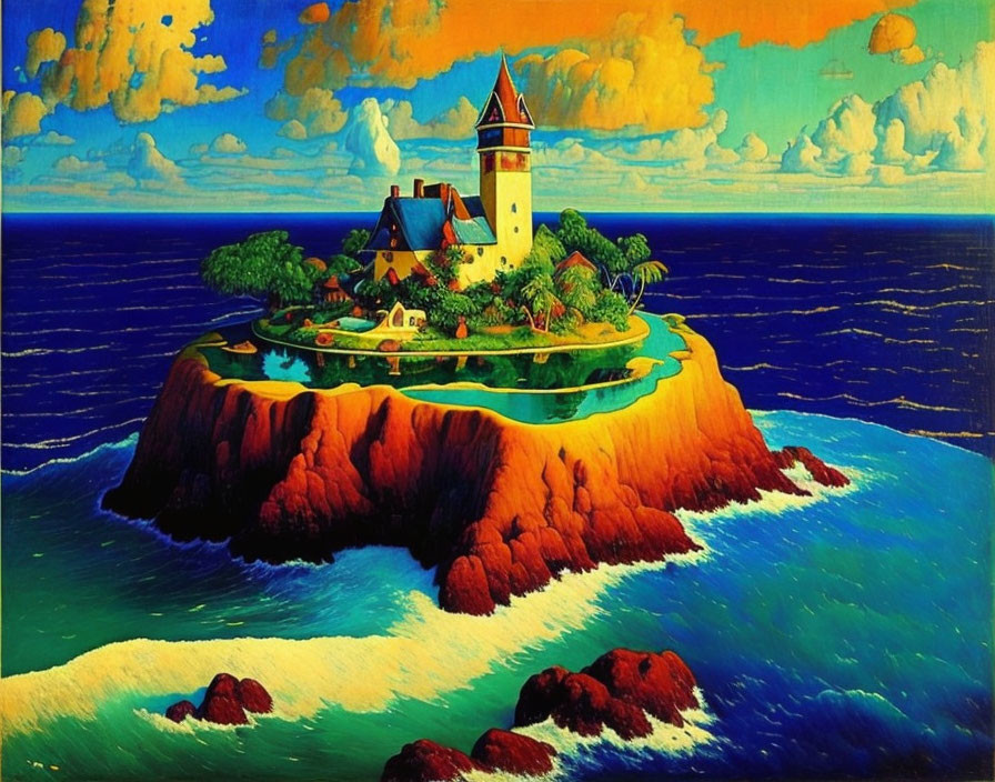 Colorful painting of whimsical island with lighthouse, buildings, and lush greenery by vivid blue