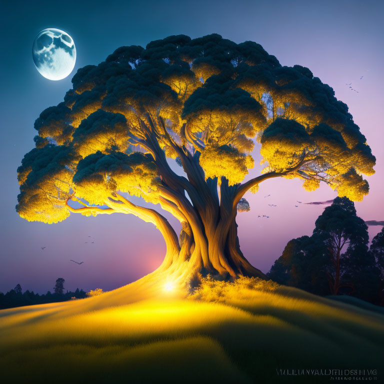 Ethereal tree with glowing trunk on hill under starry sky