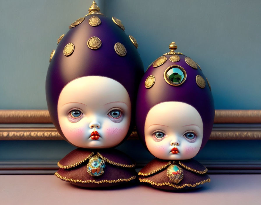 Ornate egg-shaped figurines with doll faces and gold accents on blue backdrop