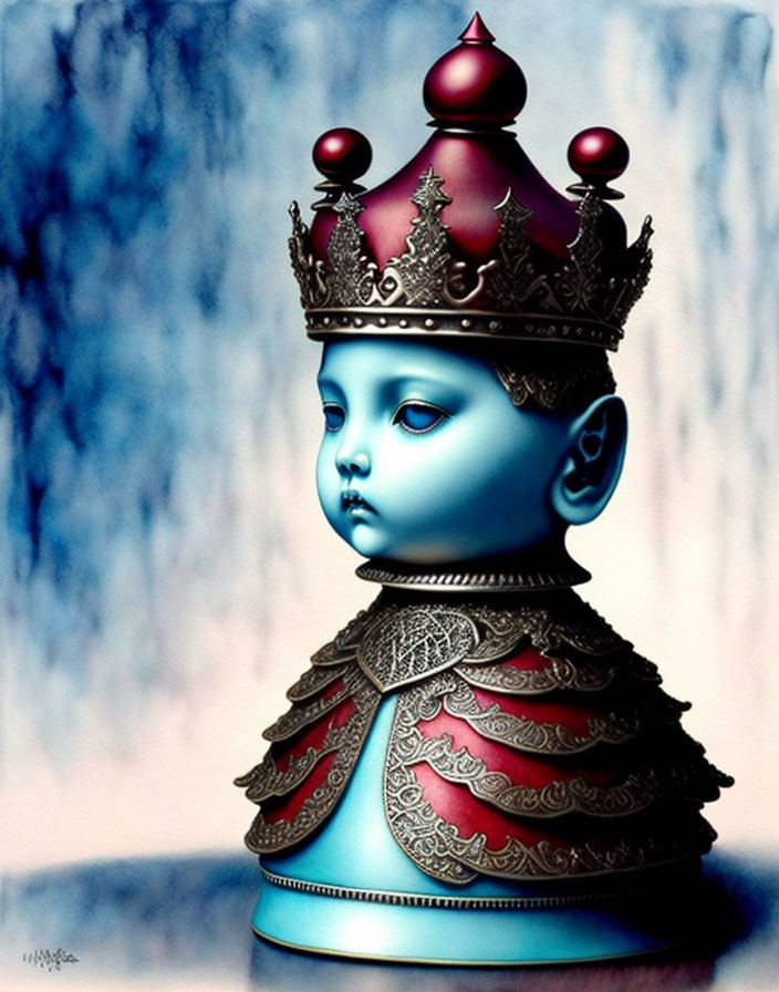 Child in royal crown and chest armor on blue background