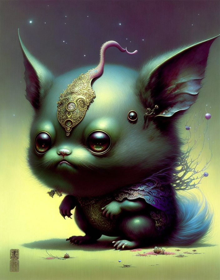 Fantastical large-eared kitten creature with glossy eyes and ornate jewelry.