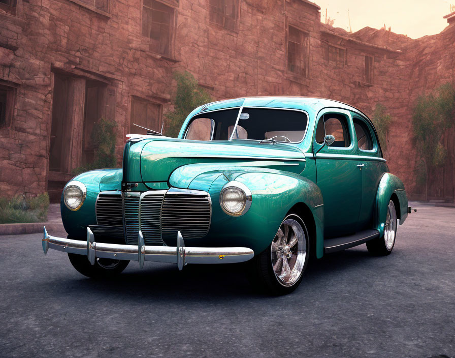 Vintage Teal Car with Chrome Details on Deserted Street