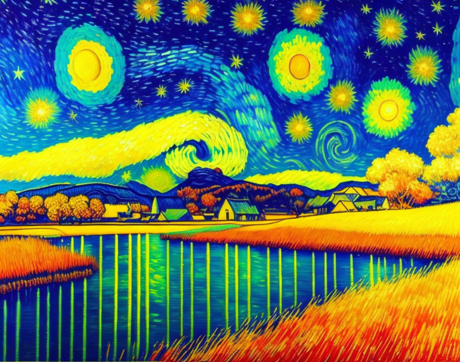 Colorful landscape painting with swirling stars, moon, houses, trees, and river under a night sky