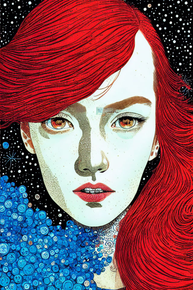 Vibrant red-haired woman surrounded by blue florals and starry backdrop