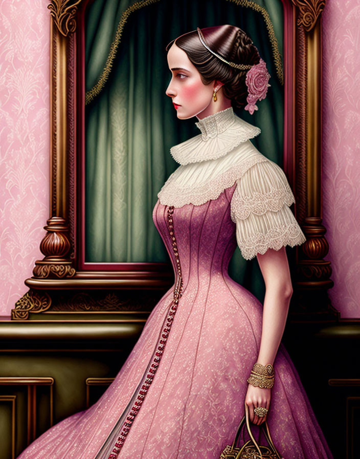 Victorian-era woman in high-collar dress with flower in hair, profile view in elegant interior