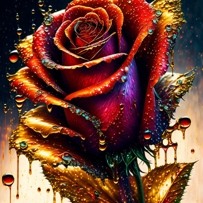 Digitally enhanced red and purple rose with dewdrops on a dark background