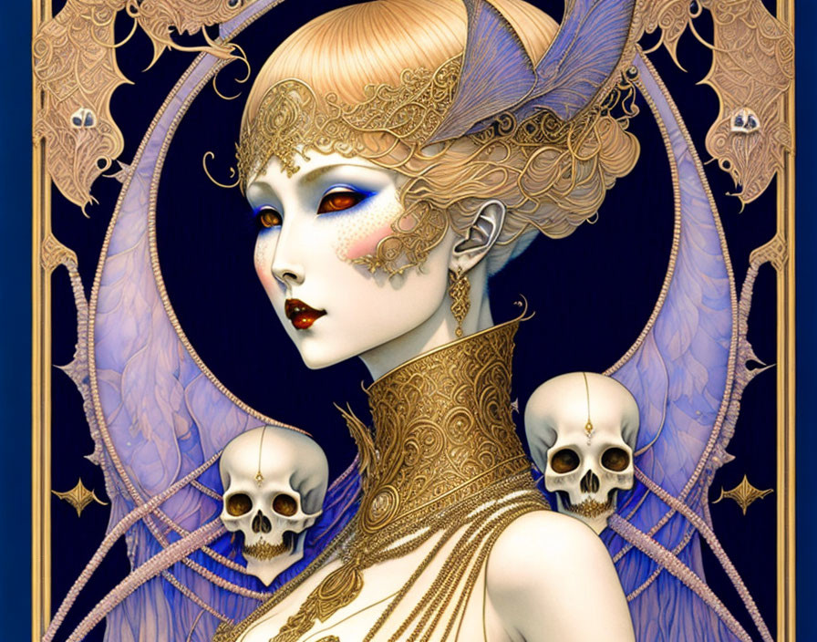 Fantasy female figure with gold jewelry and skull motifs on pale skin.