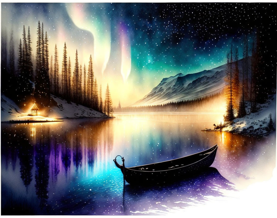 Tranquil nightscape: canoe on lake under aurora borealis