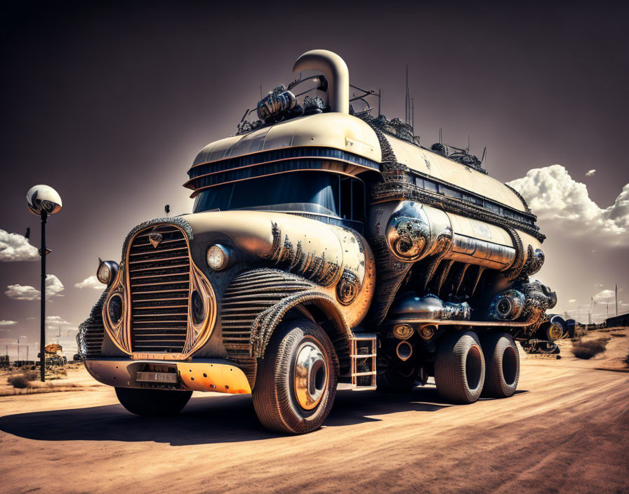 Modified vintage truck with oversized engine and multiple exhaust pipes on deserted road