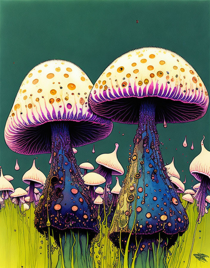 Colorful Mushroom Illustration on Green Background with Spotted Caps