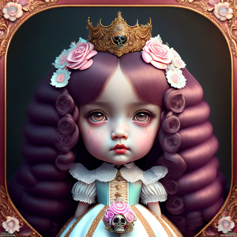 Purple-haired doll-like character with crown and roses in ornate border