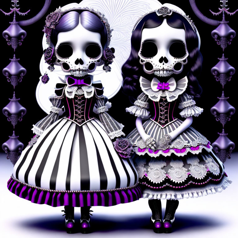 Stylized skull-faced characters in gothic Lolita attire on patterned background