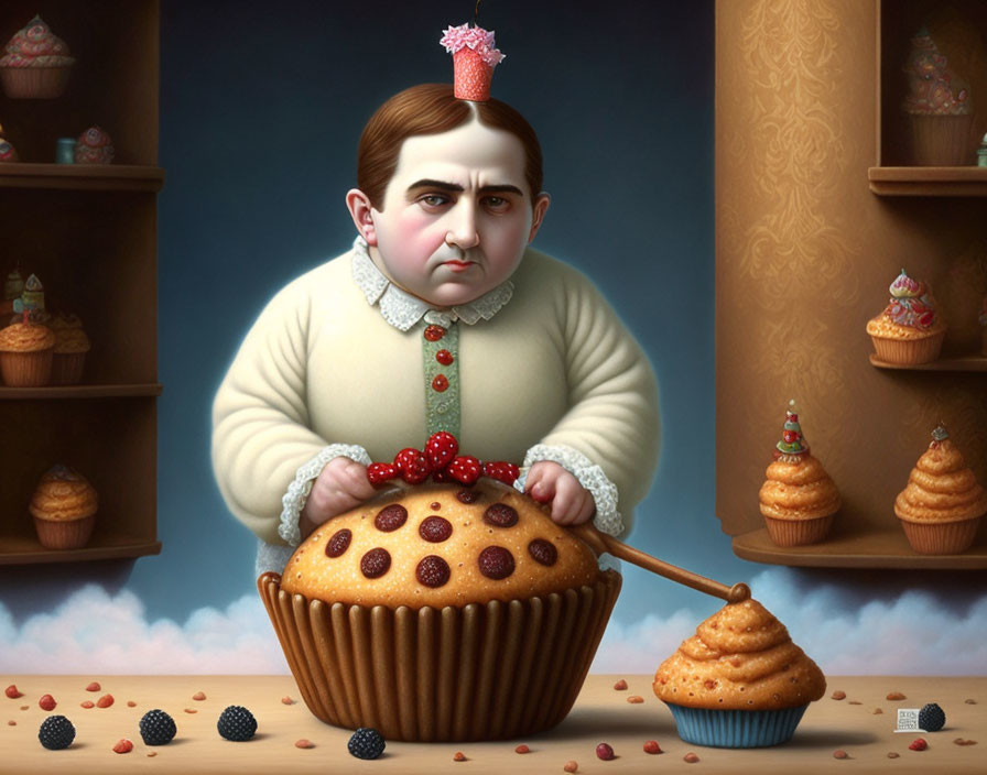 Surreal portrait of man with giant cupcake and sweets