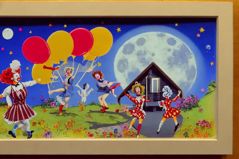 Vibrant Clown Dance in Night Scene with Balloons and Moon