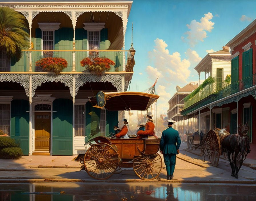 Vintage street scene with horse-drawn carriage, elegant attire, and colorful architecture.