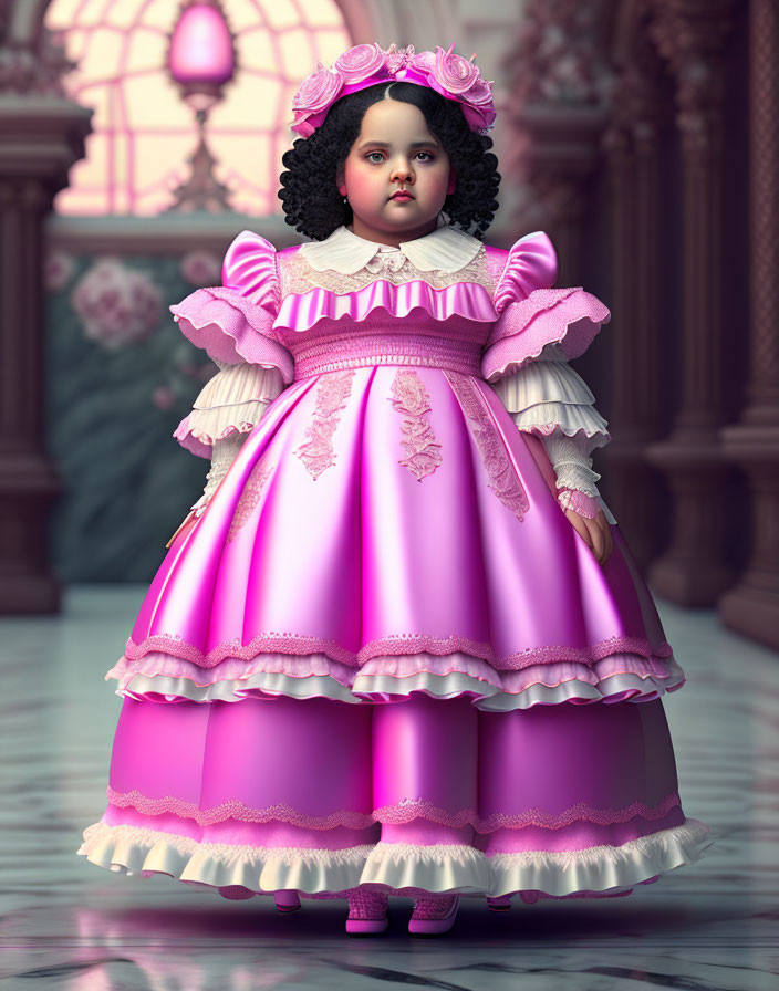 Victorian-era doll in pink and white dress with solemn expression in elegant hallway