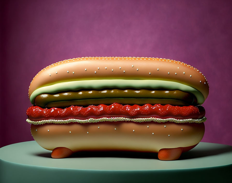 Exaggerated hot dog art with large sausage and condiments on purple background