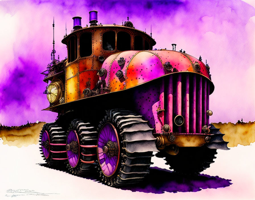 Whimsical steampunk locomotive with caterpillar tracks in brass and maroon tones on purple