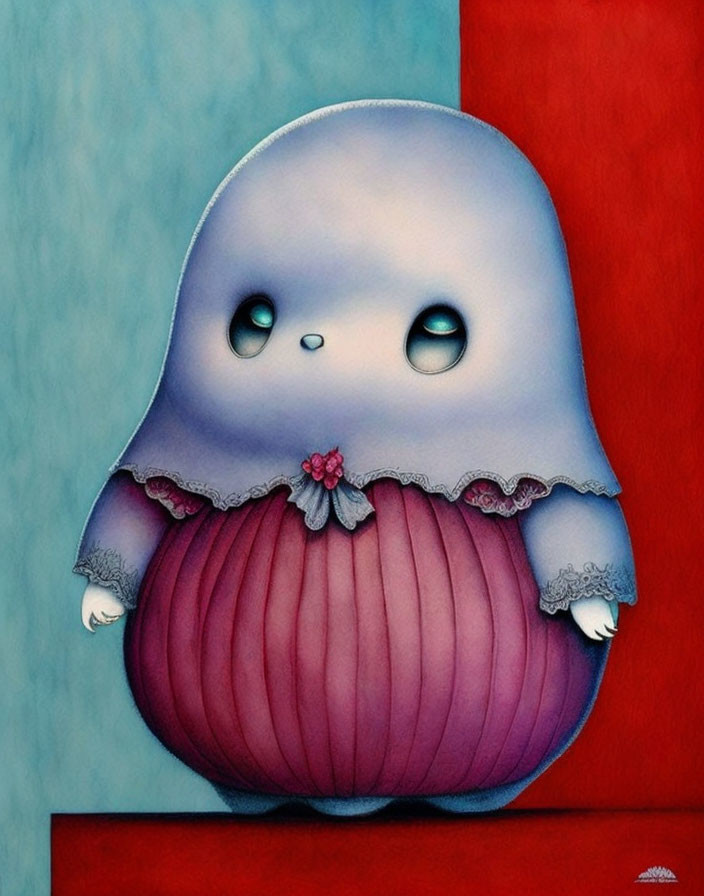 Illustration of cute ghost character in purple and red dress on blue and red background