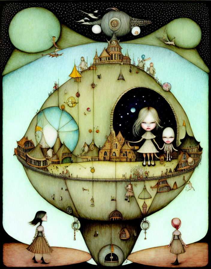 Circular landscape with whimsical houses, hot air balloons, and oversized characters