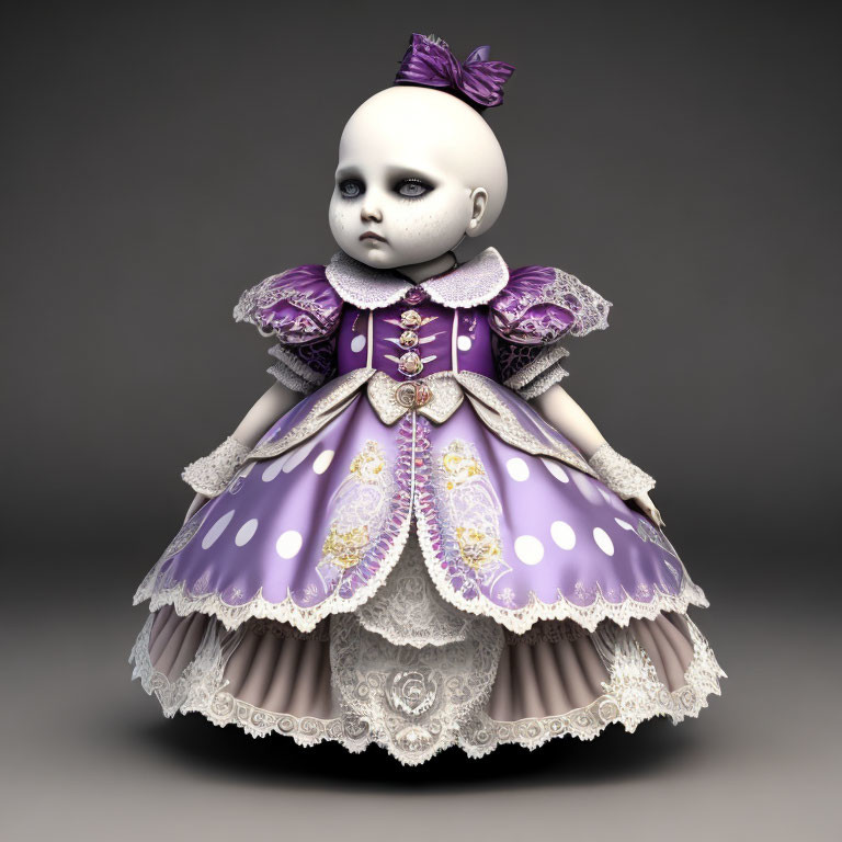 Detailed 3D illustration of a doll in ornate purple and gold dress