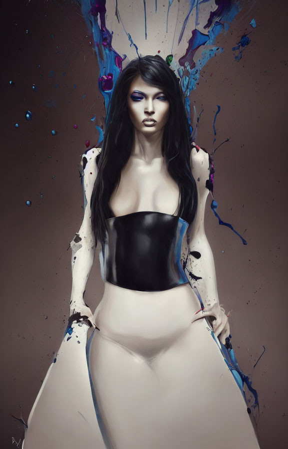 Woman with Striking Makeup in Black Corset Against Paint Splatter Backdrop