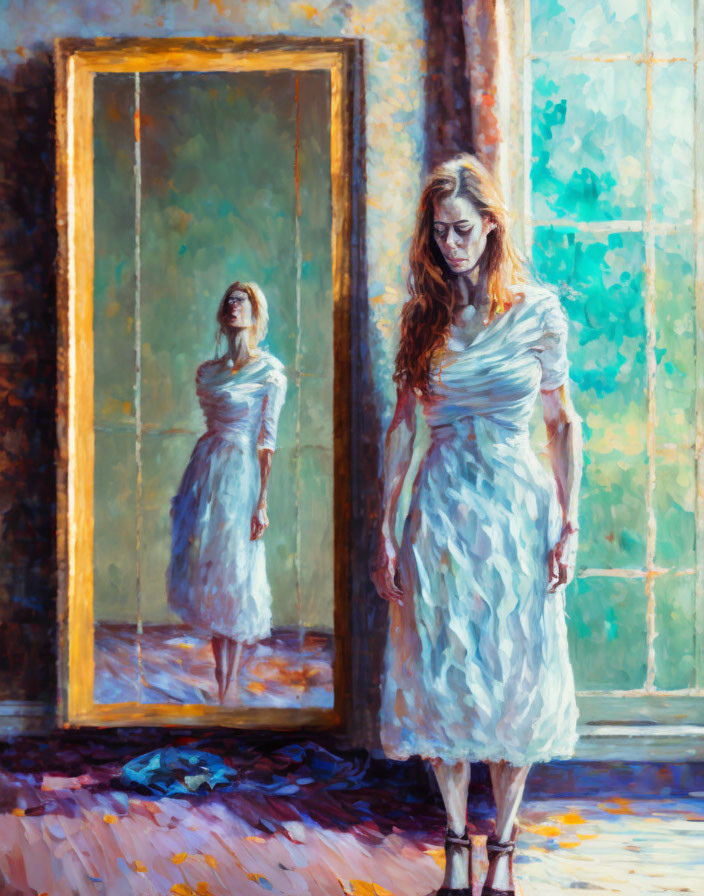 Woman in white dress contemplates reflection in warm-lit room