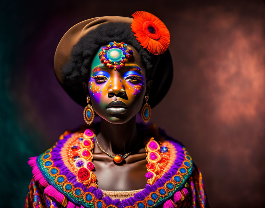 Colorful face paint and ornate headgear on person in cultural setting