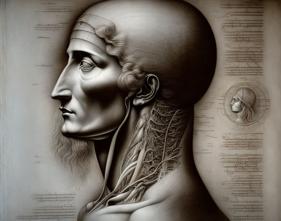 Detailed Human Head Anatomy Illustration with Annotations