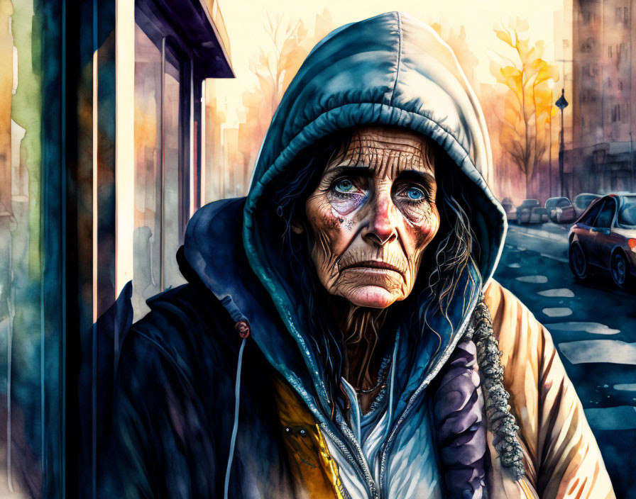 Elderly woman with deep wrinkles in hooded jacket at city bus stop