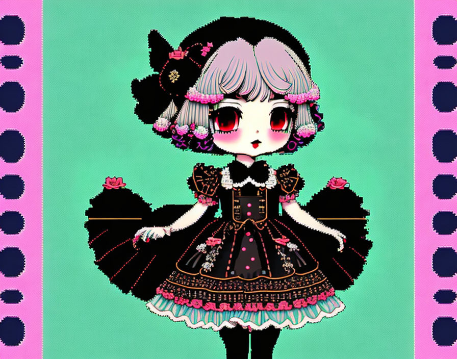 Grey-Haired Animated Character in Gothic Lolita Dress with Red Eyes on Turquoise Background