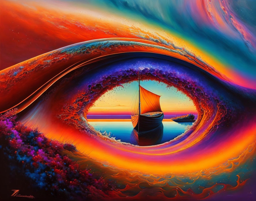 Colorful surreal artwork: boat on calm waters in eye-shaped swirl