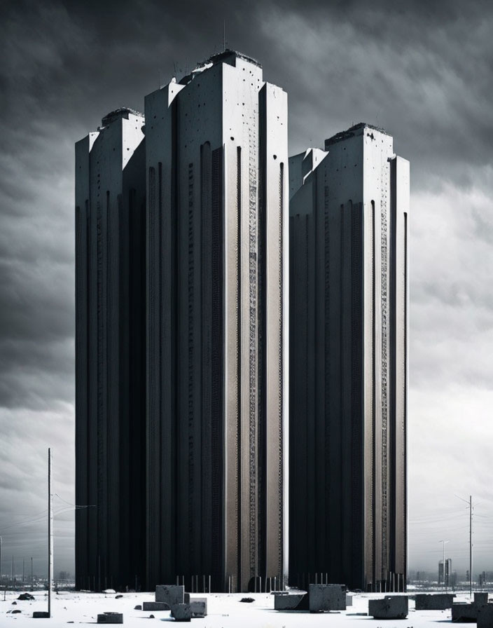 Tall, futuristic structure under brooding sky in open landscape