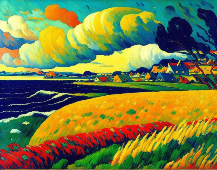 Colorful expressionist landscape with swirling sky, yellow field, red flowers, dark sea, and quaint