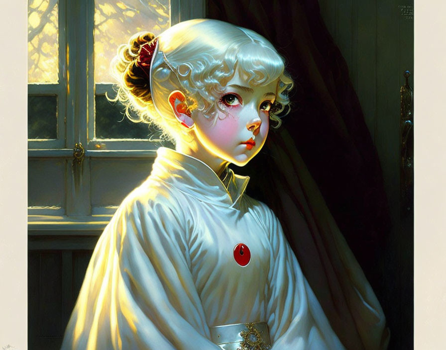 Young girl with pale hair in white blouse with red brooch, indoors under sunlight.