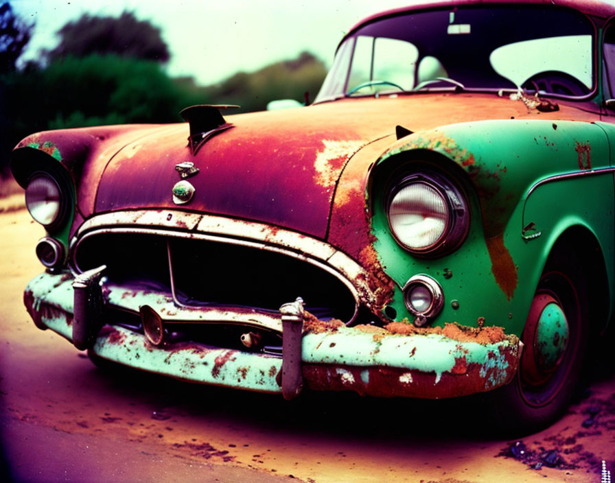 Old Vintage Car with Peeling Green Paint and Rust in Outdoor Setting