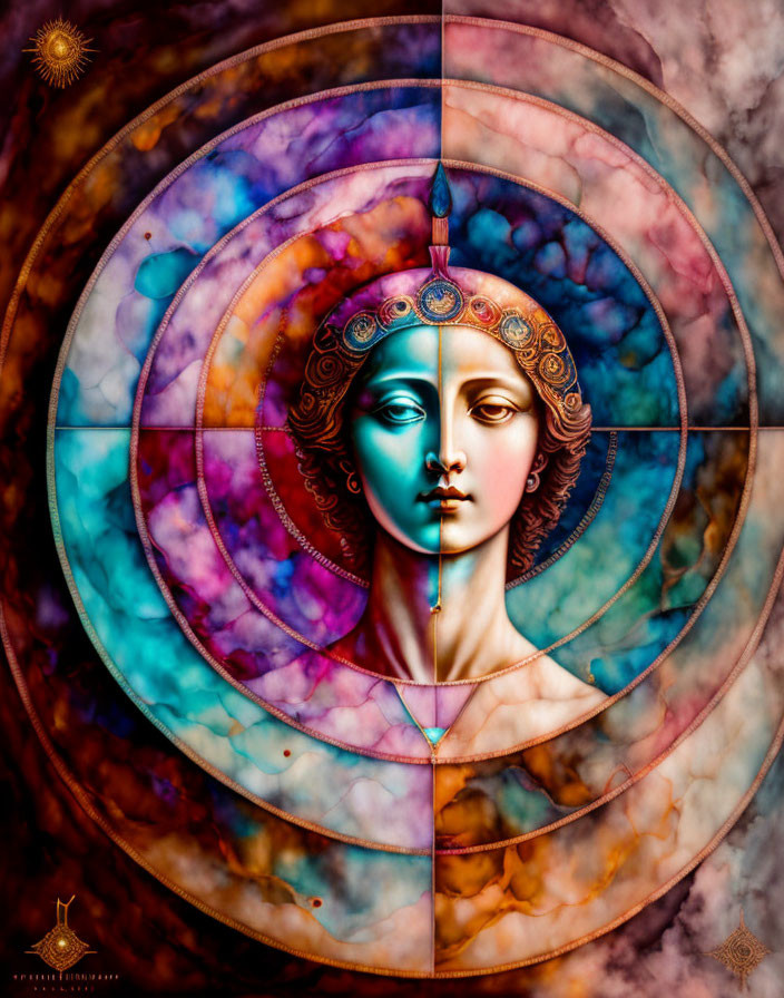 Symmetrical surreal artwork: serene female face with geometric shapes and vibrant cosmic patterns